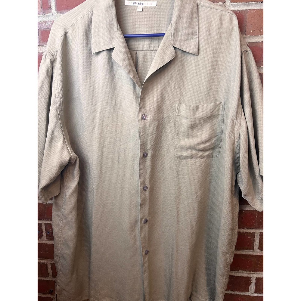 Men's PERRY ELLIS 100% Silk Short Sleeve Button Down Shirt XXL Olive Green